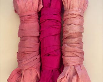 15 yd "Favorite Lipstick" Sari Silk Ribbon-Recycled Sari Silk Ribbon 3 color pack 5 yards each 15 yards total