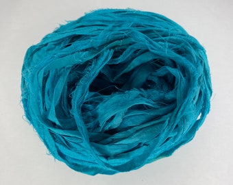 10 Yds "Turquoise" Sari Silk Ribbon  Recycled Sari Silk Ribbon