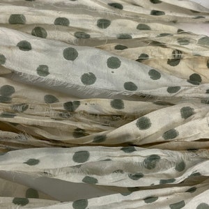 Dot Print Green 10 yards Sari Silk Ribbon- Block Printed Recycled Sari Ribbon