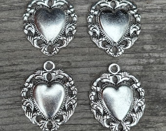 4 Pewter Heart Pendents -Sacred Heart Charms antiqued silver tone