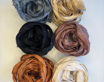 18 yds "Jasper" Sari Silk Ribbon Narrow-Recycled Sari Silk Ribbon 6 color pack 3 yards each 18 yards total