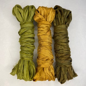 15 yd "Avocado" Sari Silk Ribbon 1 1/2 Inches wide -Recycled Sari Silk Ribbon 3 color pack 5 yards each 15 yards total