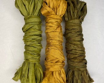 15 yd "Avocado" Sari Silk Ribbon 1 1/2 Inches wide -Recycled Sari Silk Ribbon 3 color pack 5 yards each 15 yards total