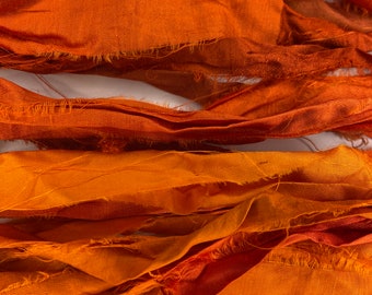 Pre-dyed 10 Yds Variegated Orange Sari Silk Ribbon / Recycled Sari Silk Ribbon 10 Yards