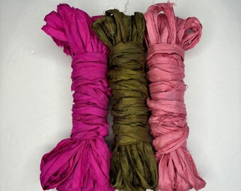 15 yd "Petunia" Sari Silk Ribbon 1.5 Inches wide -Recycled Sari Silk Ribbon 3 color pack 5 yards each 15 yards total