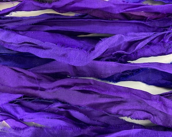 Pre-dyed 10 Yds Variegated Purple/Navy Sari Silk Ribbon / Recycled Sari Silk Ribbon 10 Yards