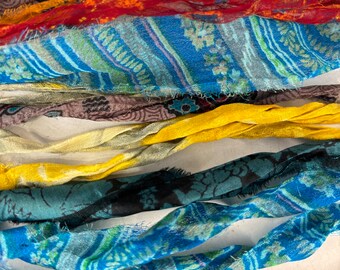 10 yds Print  Chiffon Sari Silk Ribbon Bag 9 Recycled Sari Silk Ribbon