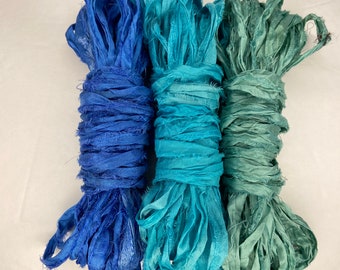 24 yd "Wave" Sari Silk Ribbon Narrow 1/2 inch to 1 inch wide -Recycled Sari Silk Ribbon 3 color pack 8 yards each 24 yards total