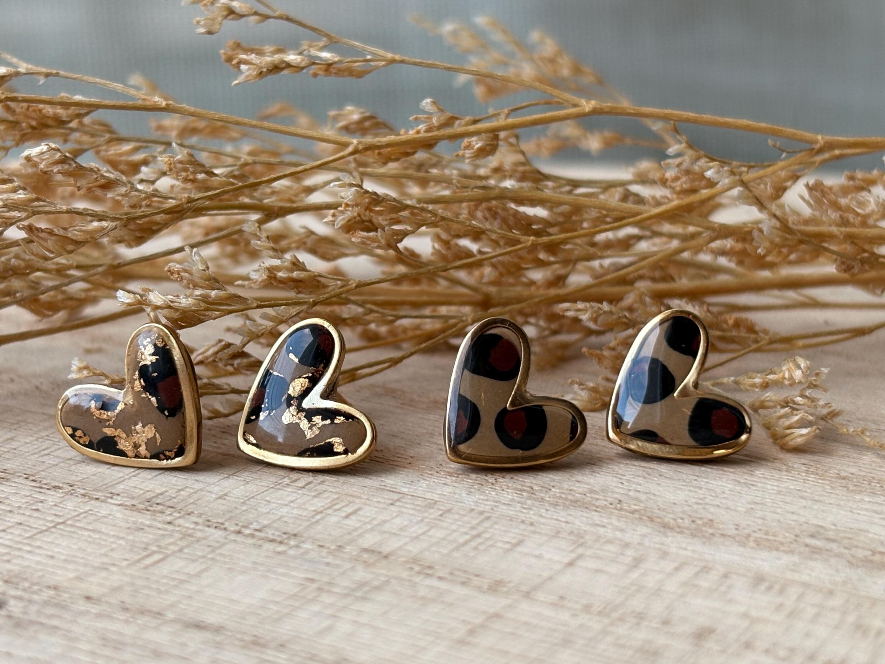 Boucles D'oreilles Fantaisie Puces Dorées Motif Cœur - Acier Inoxydable - Neuves
