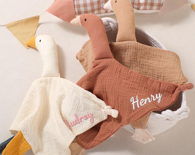 Personalized Goose Baby Lovey Blanket: Hand-Embroidered Organic Cotton Muslin