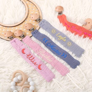Personalized Pacifier Clip – Custom Monogram/Name Embroidered Holder | Boho Baby Gift + Anti-Loss Leash