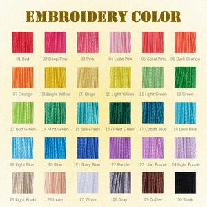 Puede incluir: Carta de colores de hilos para bordar con 30 tonos diferentes. La carta muestra colores como rojo, rosa, naranja, amarillo, verde, azul, morado, marr&oacute;n, gris y negro. El texto "EMBROIDERY COLOR" est&aacute; en la parte superior.