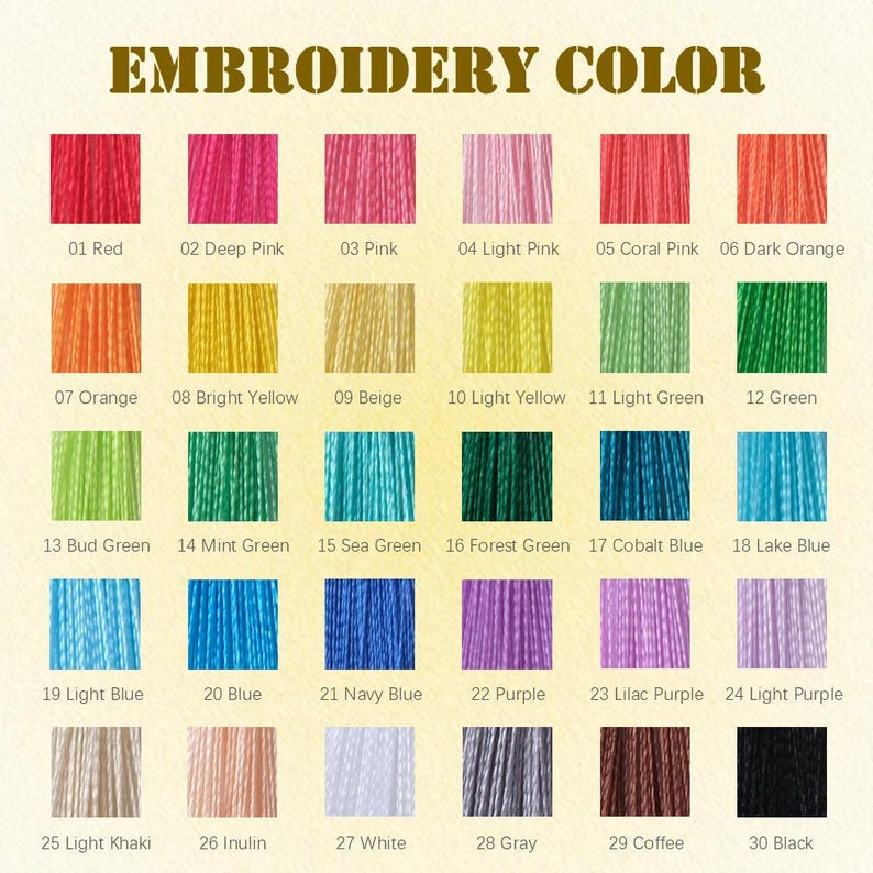 Puede incluir: Carta de colores de hilos para bordar con 30 tonos diferentes. La carta muestra colores como rojo, rosa, naranja, amarillo, verde, azul, morado, marr&oacute;n, gris y negro. El texto "EMBROIDERY COLOR" est&aacute; en la parte superior.