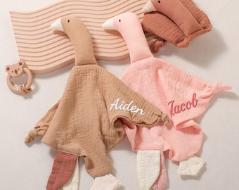 Personalized Goose Blanket – Embroidered Organic Muslin Baby Comforter Gift