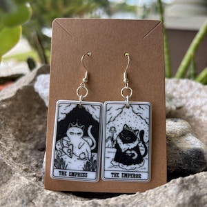 Black Cat Tarot Card Earrings -The Empress & The Emperor – Reversible Lightweight Acrylic – Sterling Silver Hooks – Goth, Witchy Vibes