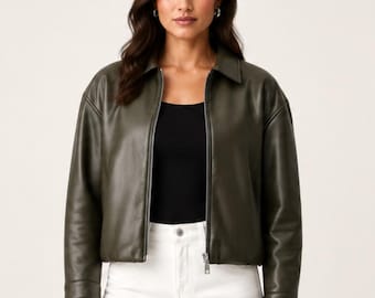 Chaqueta de cuero para mujer, regalo de cumpleaños para ella, abrigo Harrington con cremallera, blusón corto y relajado con puños abotonados, prenda de abrigo clásica y cálida.