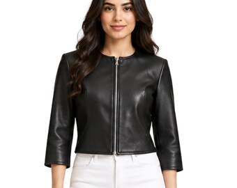 Chaqueta corta de cuero sin cuello para mujer, regalo de compromiso para ella, elegantes mangas tres cuartos, prenda exterior informal minimalista estilo Y2K.