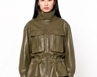 Cinched waist leather jacket for womens, Elegant funnel neck military coat,  y2k vintage peplum blouson premium outerwear, gift for her