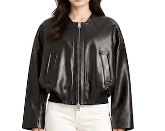 Chaqueta de cuero sin cuello para mujer, regalo de graduación para ella, blusón corto, abrigo con cremallera bidireccional, puños con cremallera y bolsillos ribeteados, regalos