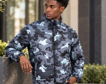 Men's camo puffer jacket, High collar padded coat, Camouflage zip up windbreaker, insulated quilted outerwear, gift for him