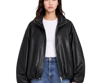 Oversized leather jacket women, Christmas gifts for her, funnel neck blouson, Balloon sleeve cropped coat, Luxury outerwear
