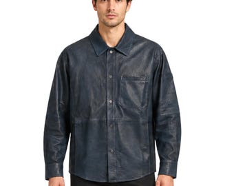 Camicia in pelle da uomo, regalo per un nuovo lavoro, elegante con colletto, camicia minimalista di lusso con bottoni, capospalla casual ed elegante