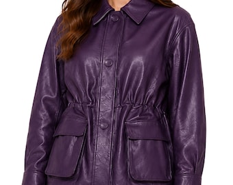 Chaqueta de cuero para mujer, regalos de Navidad para ella, abrigo safari, abrigo utilitario con cintura ajustada y botones, bolsillos con solapa.
