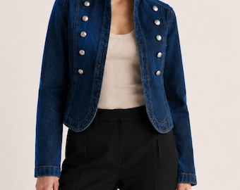 Womens cropped denim jacket, double row button detail and round neck jean coat, casual outerwear wardrobe,  client gift, gifts for mom