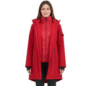 May include: A bright red mid-length parka jacket featuring a high collar, a front zipper closure, and long sleeves with black cuffs. The jacket includes a hood, side pockets, and a slightly longer back hem, worn over black pants and black boots.