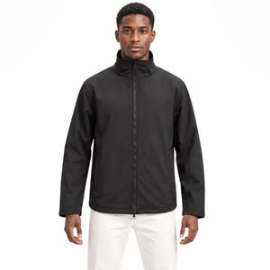 May include: A black long-sleeve jacket with a high collar and a full-length front zipper closure, paired with plain white trousers and white sneakers. The jacket features a smooth, solid black finish and a structured fit with long sleeves.