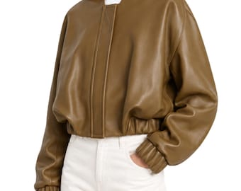 Chaqueta de cuero Cordan para mujer, estilo corto sin cuello, regalo de graduación para ella, blusón con cremallera estilo Y2K, prenda exterior minimalista y relajada.