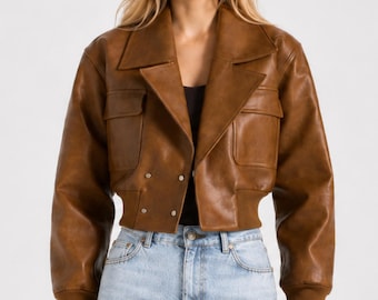 Leather lapel jacket for womens, Birthday gift for her, Y2K zip up style ,  Cropped boxy bomber outerwear, Casual winter jacket
