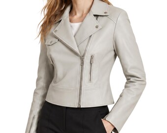 Chaqueta corta de cuero ajustada para mujer, regalos de Navidad para ella, chaqueta motera con cremallera diagonal, prenda exterior motera de estilo Y2K.