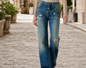 Distressed womens high waisted denim jeans, straight leg vintage inspired streetwear pants retro fashion, wedding gifts for her