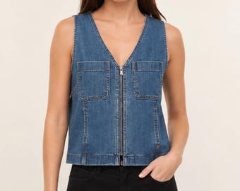 Gilet in denim stile utility da donna, regalo di compleanno, chiusura con zip frontale, vestibilità comoda, gilet corto in denim, top casual senza maniche stile streetwear