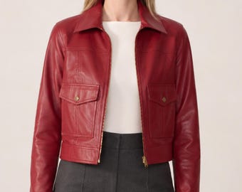 Womens Cropped Leather Jacket, Vintage Inspired Zip Front, Flap Pocket Handmade Leather Outerwear, Christmas gifts