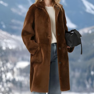 Women’s winter coat reversible shearling coat black  OR brown fur jacket real suede  genuine leather  outerwear engagement gift