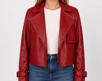 Chaqueta de cuero para mujer, suave piel de oveja, regalo para ella. Elegante abrigo corto estilo Y2K minimalista con solapas anchas con muescas, prenda de abrigo de estilo urbano.