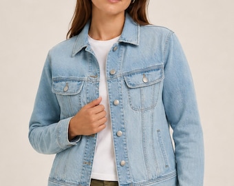 Womens classic denim trucker jacket button front jean and chest pockets casual everyday outerwear streetwear classic style gifts for her