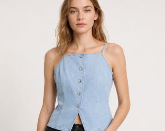 Square neck denim vest for womens, sleeveless jean camisole, gift for her, thin strap corset bodice, tailored utility casual waistcoat