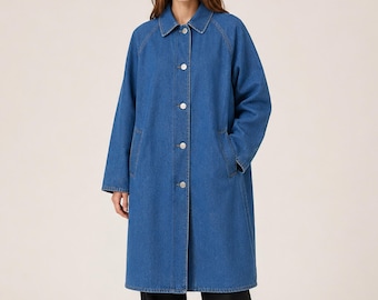 Long Denim Coat for Women, Oversized Jean Jacket, Button Front Denim Jacket, Casual Fall Outerwear, Minimalist Fashion Gift
