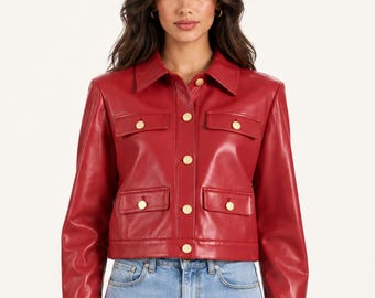 Collared boxy leather jacket women, Christmas gifts for her, Y2k minimalist button front vintage outerwear,  Windbreaker cropped winter coat