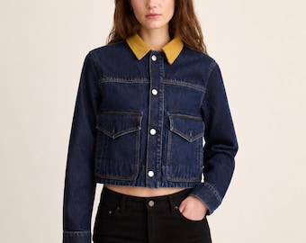 Contrast collar button front jean coat with chest pockets, womens cropped denim jacket, teacher gifts for her luxury corporate gift