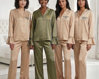 フリル付き袖口の長袖ブライダルパジャマセット、ブライズメイドパジャマ、花嫁の準備用衣装、結婚式ゲストドレス、ブライダルシャワーの記念品