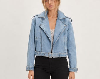 Luxury cropped denim jacket for womens, Asymmetric jean moto jacket, Wide lapel belted waist, Casual streetwear, birthday gifts for her