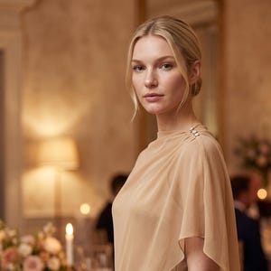 This warm beige silk gown with a delicate detachable sheer cape combines modern elegance with timeless beauty, making it the perfect bridal gift. The flattering cowl neckline and flowing asymmetrical cape hem add a graceful touch to any wedding or formal event. A great option for bridesmaids or as a gift for the bride, this gown offers an elegant, yet understated, look perfect for any bridal celebration.