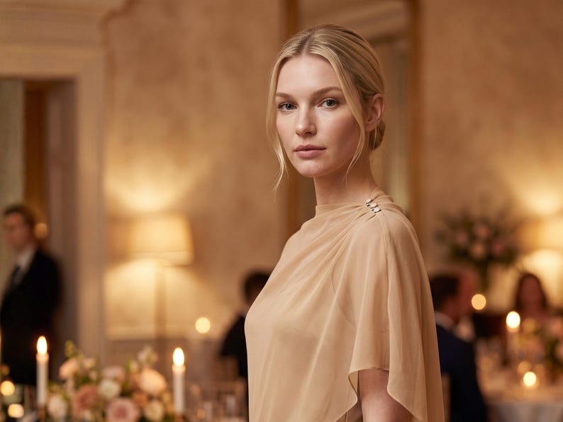 This warm beige silk gown with a delicate detachable sheer cape combines modern elegance with timeless beauty, making it the perfect bridal gift. The flattering cowl neckline and flowing asymmetrical cape hem add a graceful touch to any wedding or formal event. A great option for bridesmaids or as a gift for the bride, this gown offers an elegant, yet understated, look perfect for any bridal celebration.