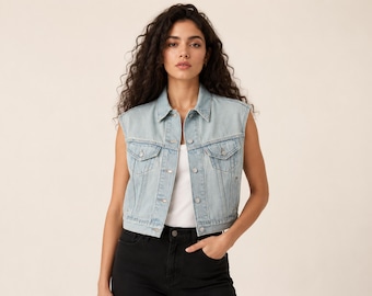 Sleeveless denim vest cropped jean jacket for womens, button front with chest pockets, casual streetwear, anniversary gifts for her