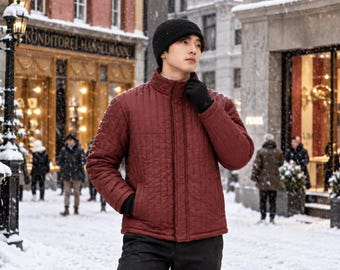 Chaqueta acolchada para hombre, regalo para él, abrigo acolchado de cuello alto, chaqueta ligera acolchada con cremallera, prenda de abrigo informal y cálida, ropa fabricada en Estados Unidos.
