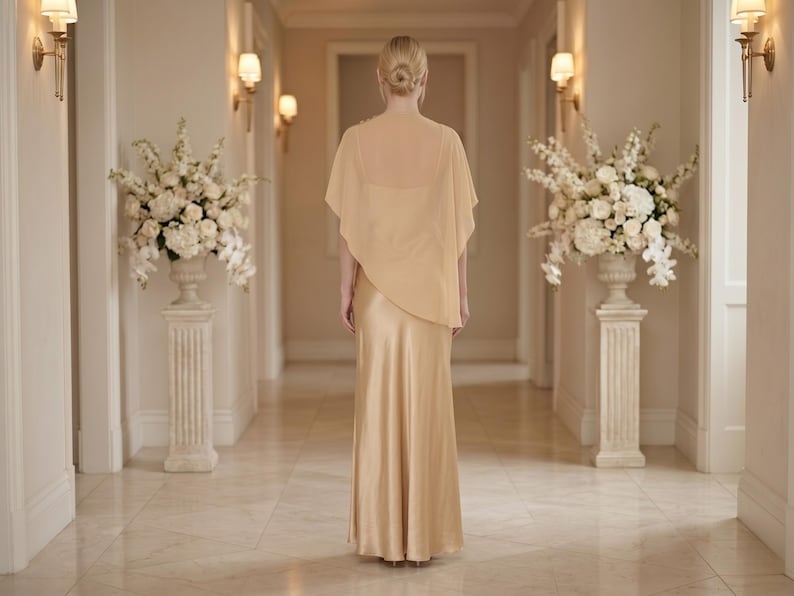 This graceful ivory silk dress features a soft cowl neckline and a detachable sheer cape, making it an elegant choice for formal bridal events. With its flowing silhouette and asymmetrical cape hem, it’s perfect for bridesmaids, wedding guests, or even as a luxurious bridal shower gift. The timeless design and refined look make it a fantastic option for those searching for a thoughtful, sophisticated gift for any wedding celebration.